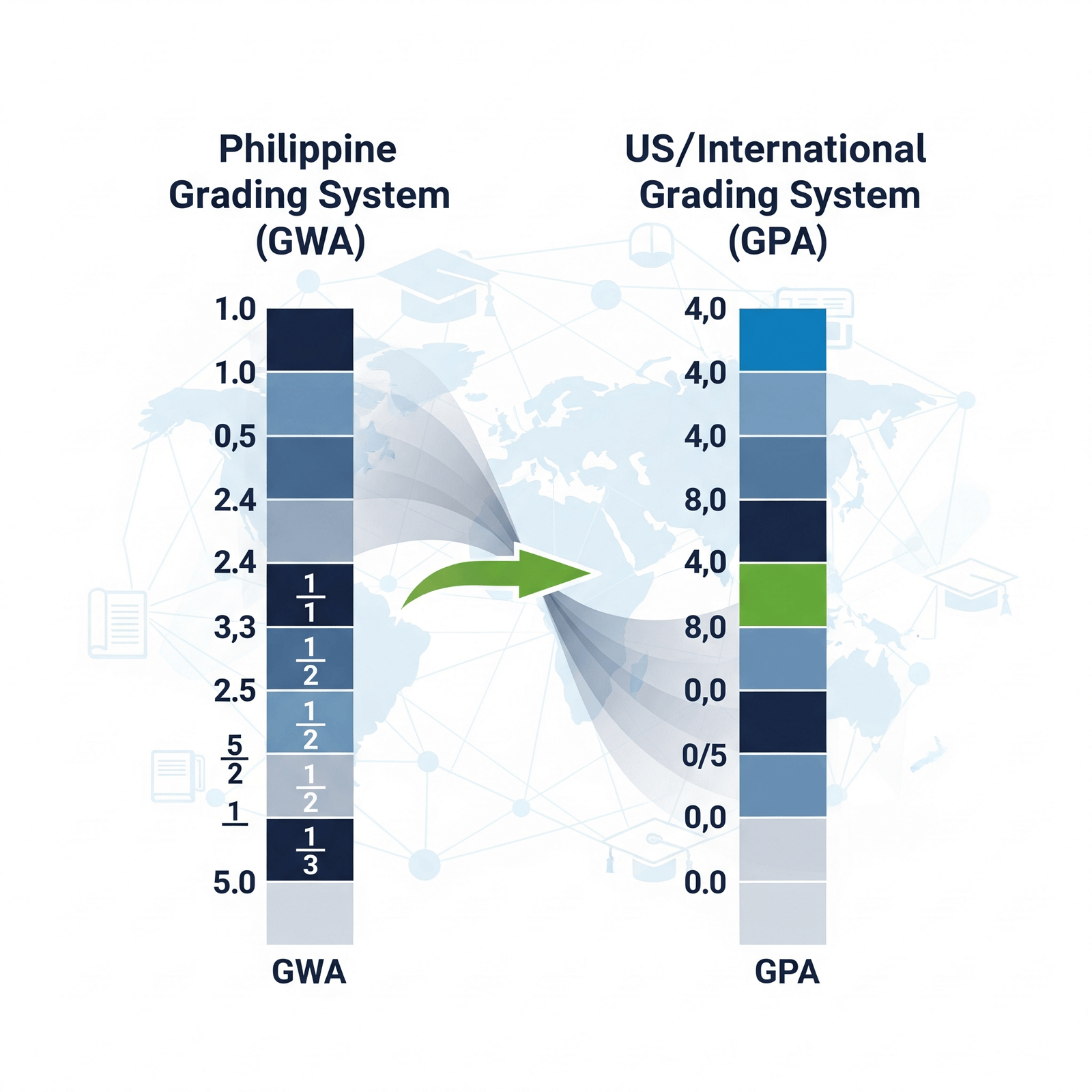 GWA vs GPA Conversion: Understanding Academic Scales Chart comparing Philippine GWA to GPA calculator grading scales, with an arrow indicating conversion.