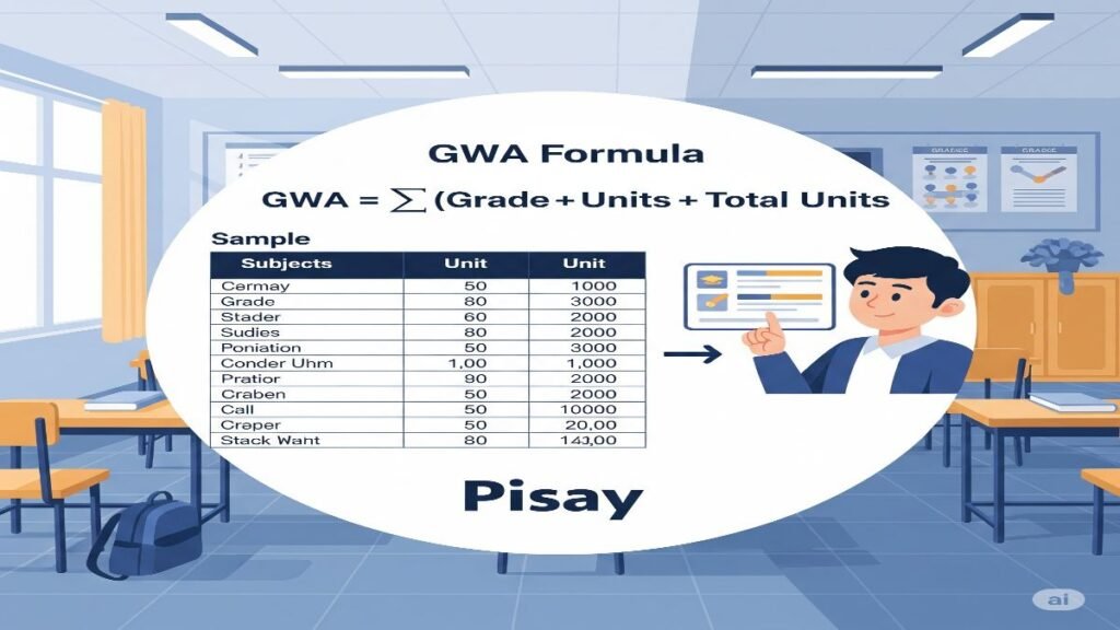 An infographic showing the GWA formula for Pisay with a student reviewing grades, subject table, and classroom elements in a clean academic blue-gold-white theme.