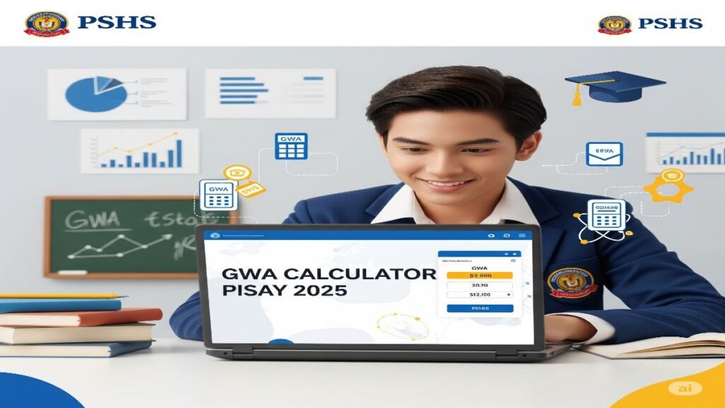 Filipino high school student using a laptop labeled "GWA Calculator Pisay 2025" with academic icons and PSHS symbols in a clean blue and white design.