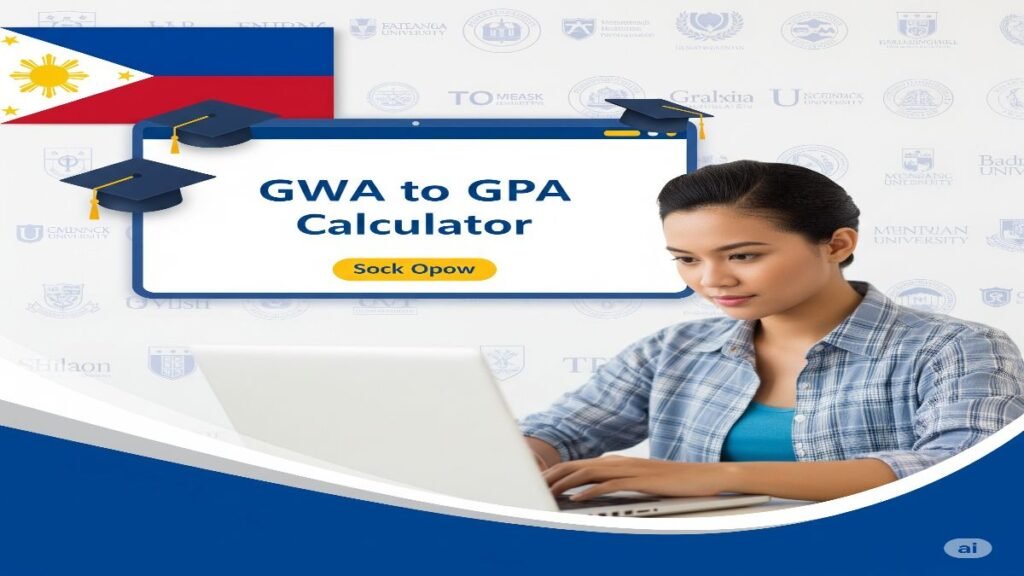 Filipino college student using a laptop labeled “GWA to GPA Calculator” with Philippine flag, graduation caps, and international university icons in the background.