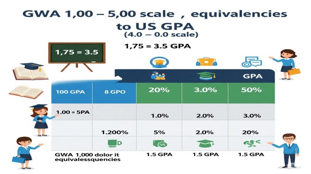 Infographic showing GWA to GPA conversion table with values like 1.75 = 3.5 GPA, student avatars, books, and a chalkboard formula in academic blue and green tones.