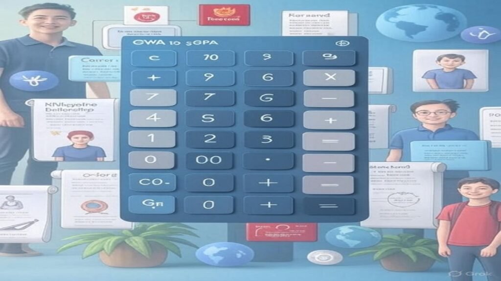 Infographic showing GWA to GPA and Percentage split-screen calculator with GWA 1.75 input, GPA 3.5, and 81.25% output. Includes PH student avatars and university icons.