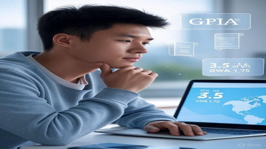 Student submitting a digital scholarship application showing GPA 3.5 from GWA 1.75, with icons of scrolls, global universities, and travel symbols in soft blue tones.