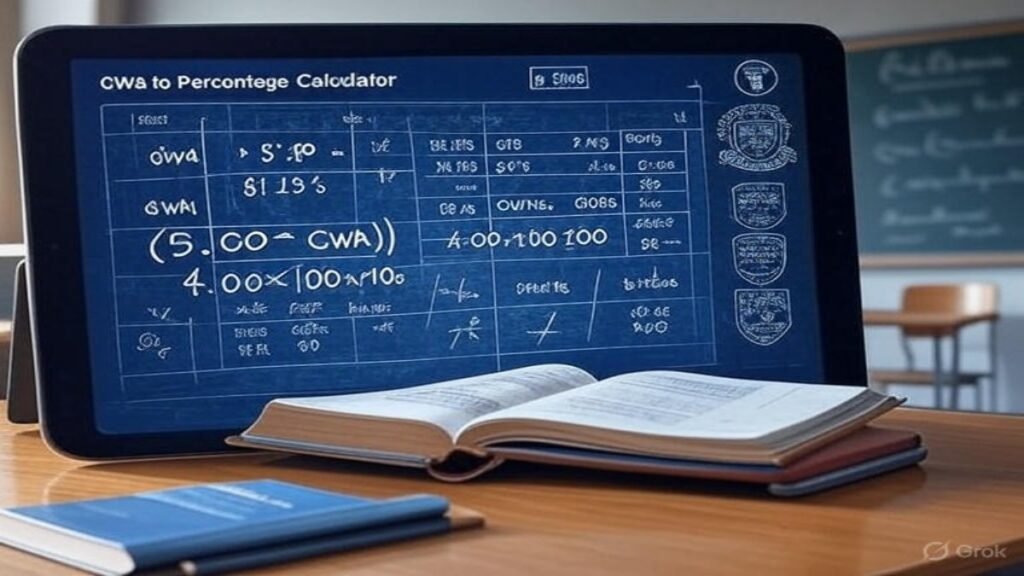 Tablet screen showing GWA to Percentage Calculator with input 1.75 and output 81.25%, including formula (5.00−GWA)/4.00×100 on a chalkboard background.