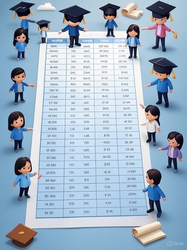 An infographic showing a GWA-to-percentage conversion table with student avatars, graduation hats, scrolls, and academic icons in blue, white, and gold colors.