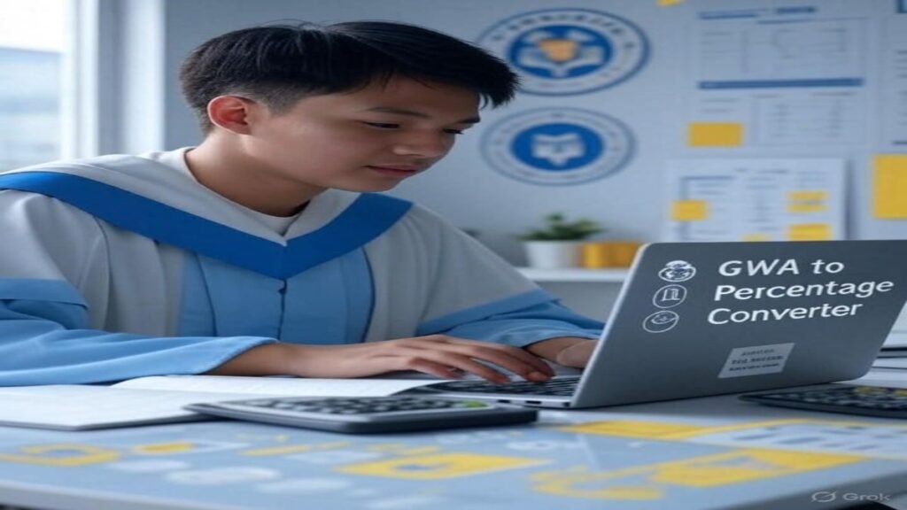 Philippine student using a laptop to convert GWA to percentage with academic icons in the background.