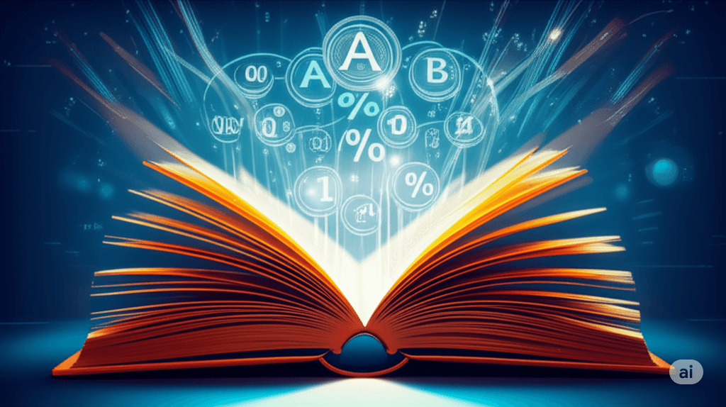 Open book emitting glowing data visualizations of letter grades (A, B, C), percentages, and numbers, representing the concept of college grade equivalents in the Philippines.