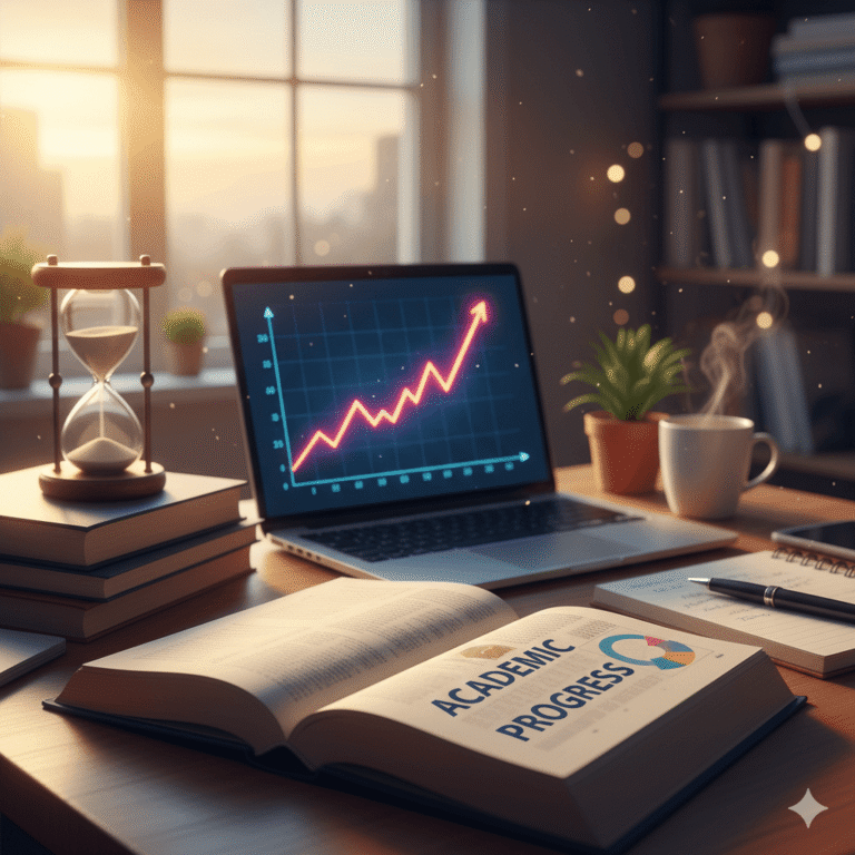 A student's desk with an open book on "Academic Progress," a laptop showing a rising performance graph, and an hourglass, symbolizing GWA improvement and effective study habits.