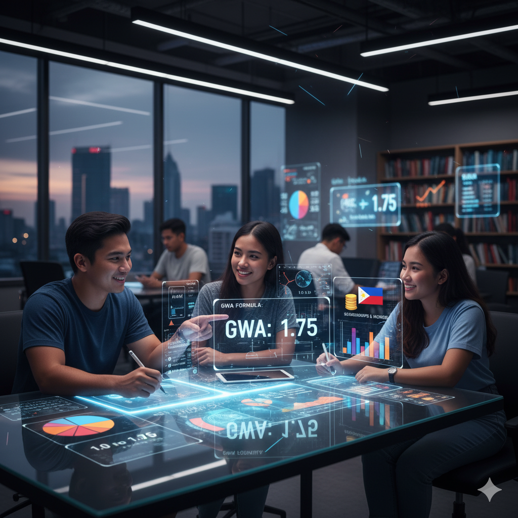 Three Filipino students are collaborating on an interactive holographic display showing GWA formula, grades, and academic data in a modern study environment.
