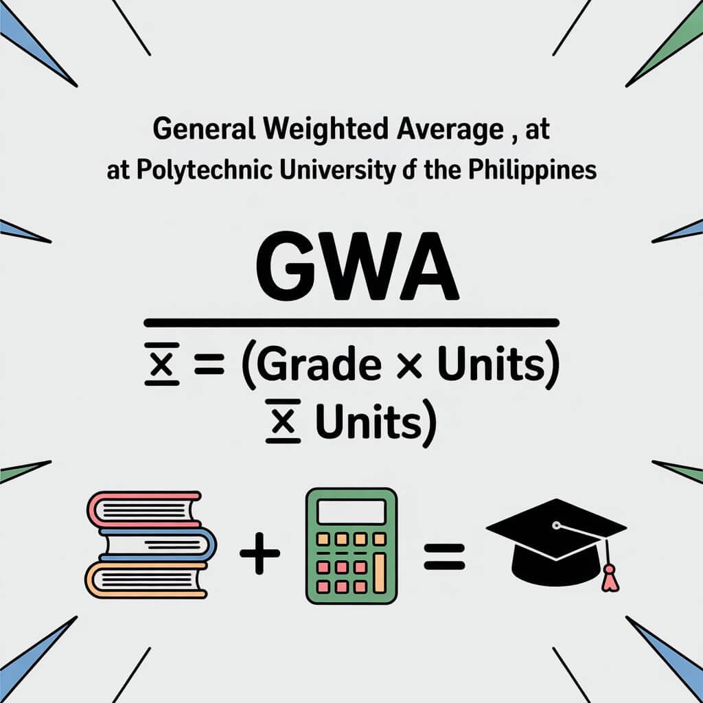 Infographic showing the General Weighted Average (GWA) formula at Polytechnic University of the Philippines (PUP) with books, calculator, and graduation cap icons.
