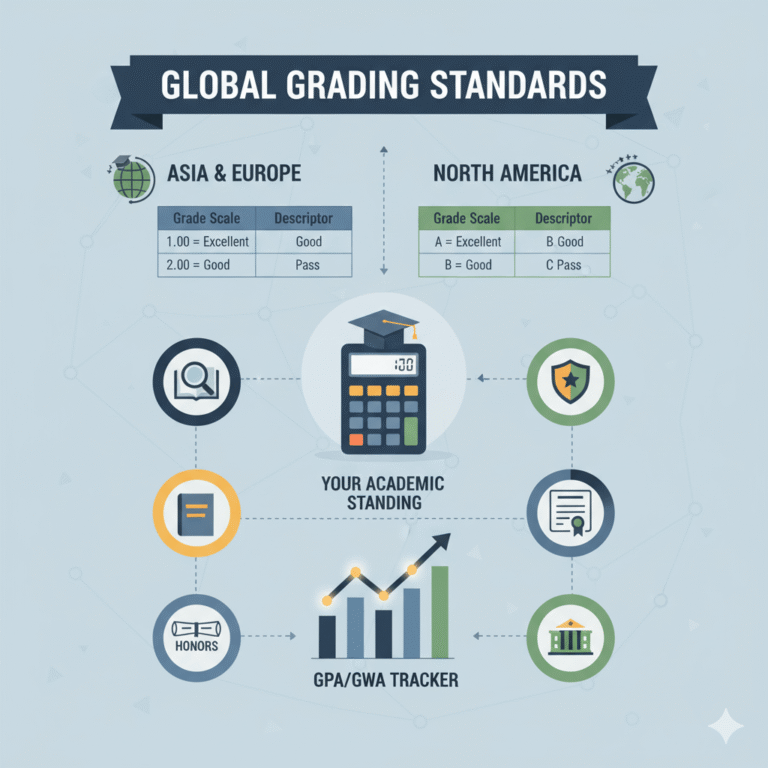 An infographic showing global grading standards and a GWA to GPA tracker with a calculator at the center, representing academic standing and honors.