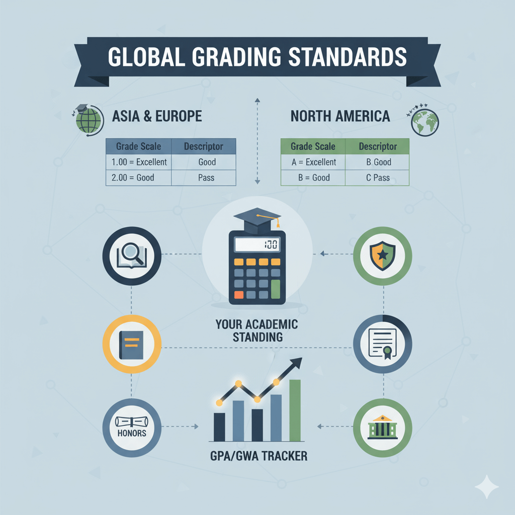 An infographic showing global grading standards and a GWA to GPA tracker with a calculator at the center, representing academic standing and honors.