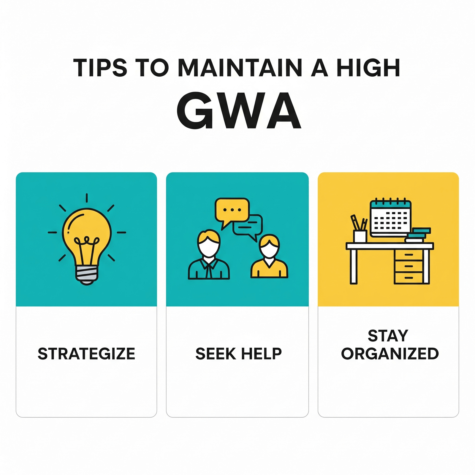 Infographic providing essential tips to maintain a high GWA, including strategizing, seeking help, and staying organized."