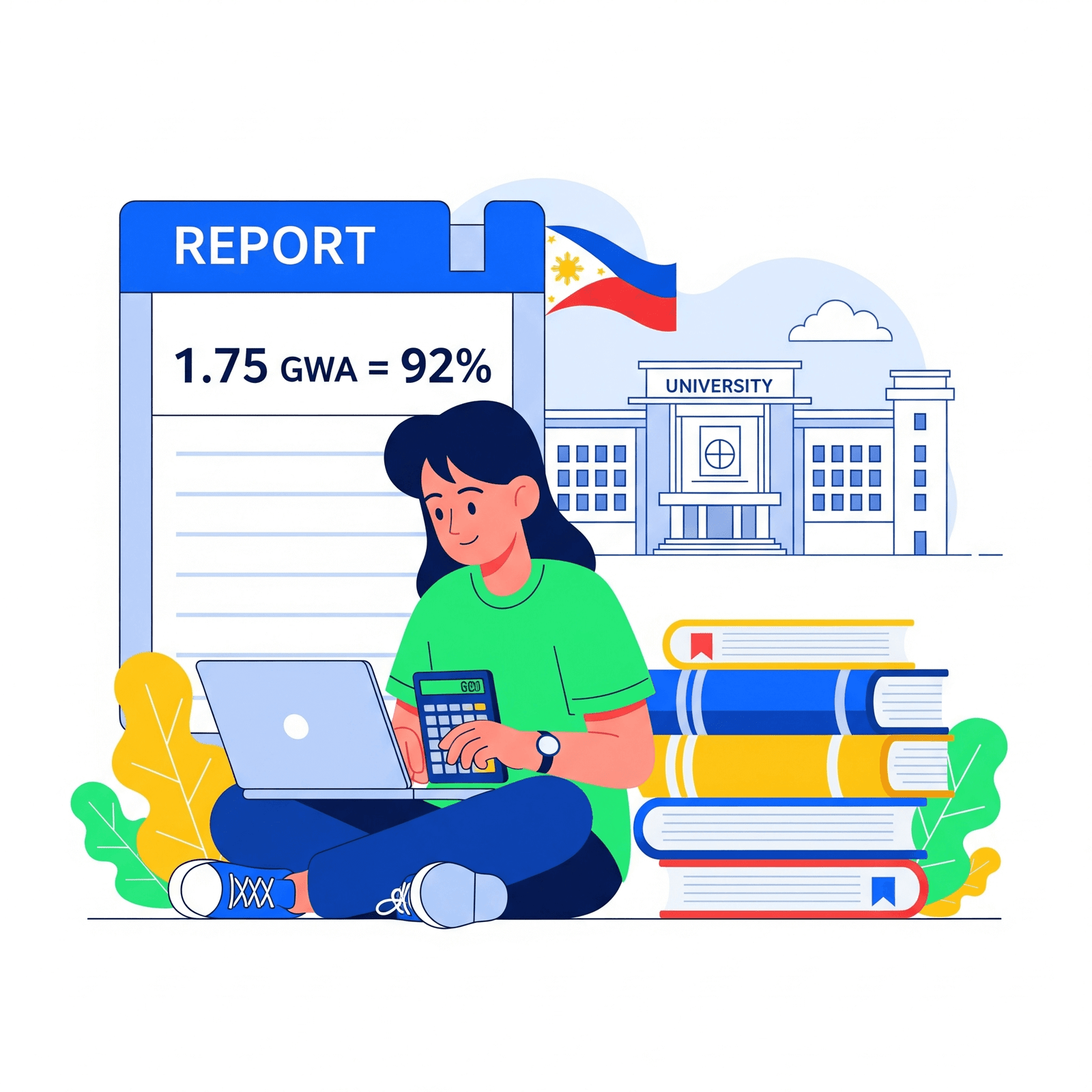 Filipino student using a GWA calculator to convert 1.75 GWA to percentage in the Philippines, with books and university background