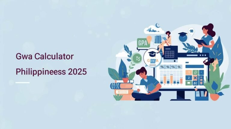 Flat illustration of Filipino students using a laptop GWA calculator with books, grades table, and graduation cap icons for GWA Calculator Philippines 2025.