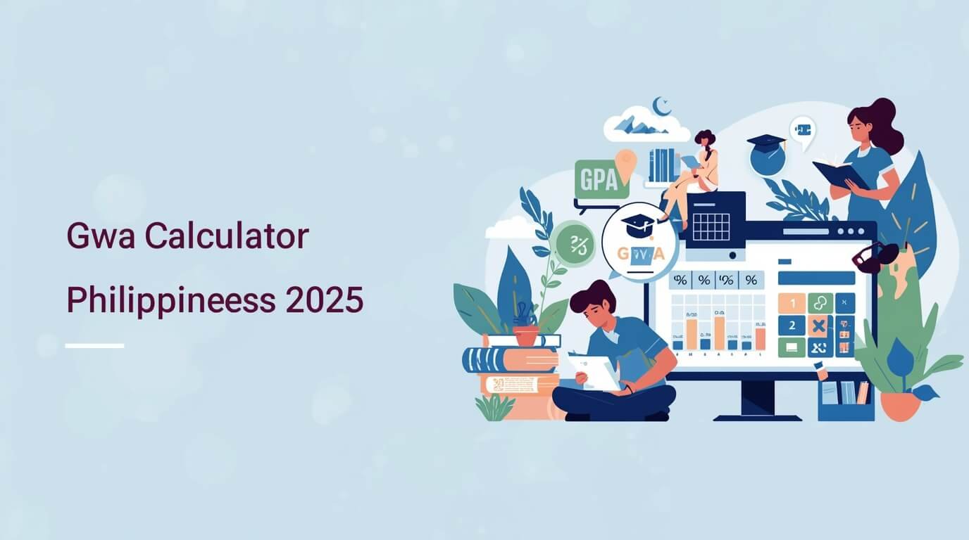 Flat illustration of Filipino students using a laptop GWA calculator with books, grades table, and graduation cap icons for GWA Calculator Philippines 2025.