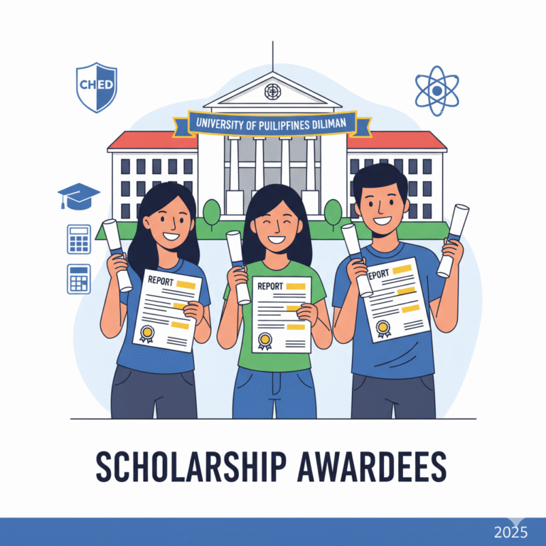 “Philippine students holding report cards and certificates in front of University of the Philippines Diliman, representing 2025 scholarship awardees”