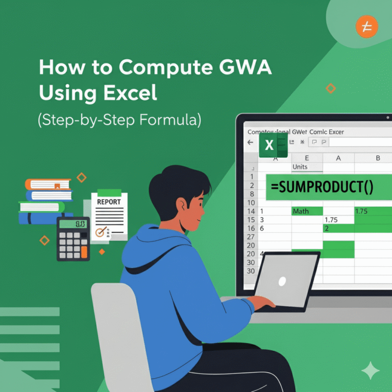 A person sitting at a desk uses a laptop displaying an Excel sheet with the SUMPRODUCT formula to compute GWA, surrounded by books and stationery.