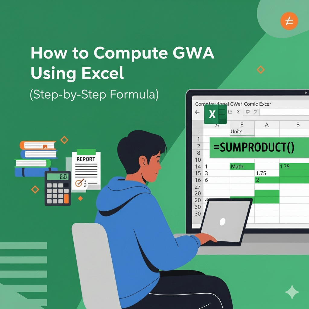 A person sitting at a desk uses a laptop displaying an Excel sheet with the SUMPRODUCT formula to compute GWA, surrounded by books and stationery.