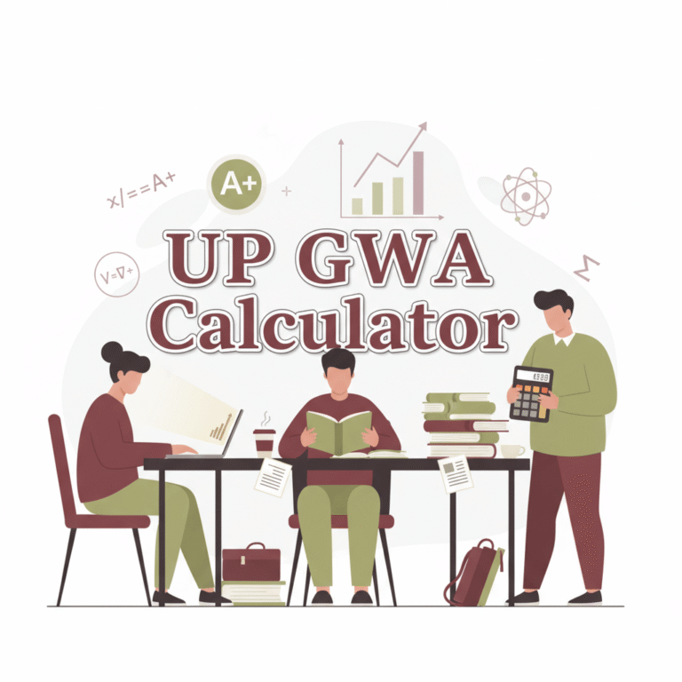 Three students study at desks with books, papers, and a calculator. "UP GWA Calculator" is written above them with academic-themed icons in the background