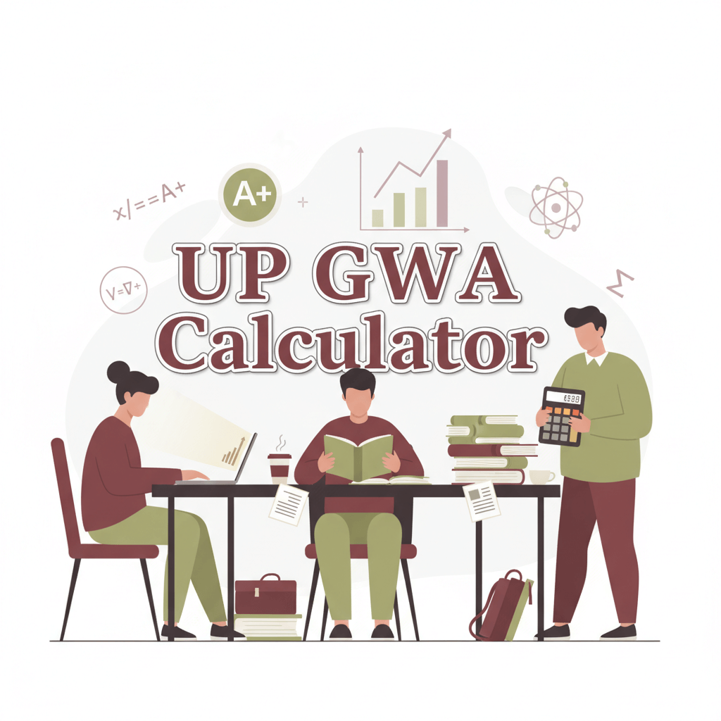 Three students study at desks with books, papers, and a calculator. "UP GWA Calculator" is written above them with academic-themed icons in the background